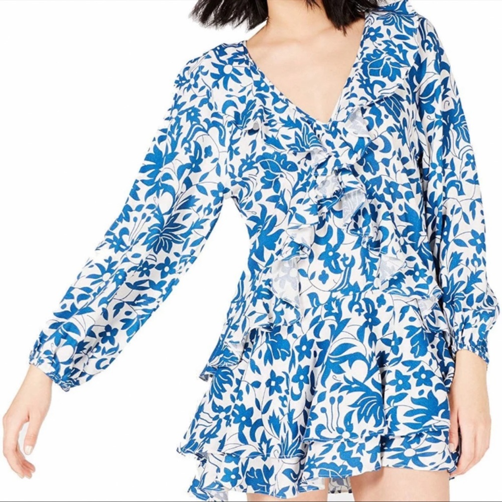 Free people v neck ruffle long sleeve dress blue white M Medium